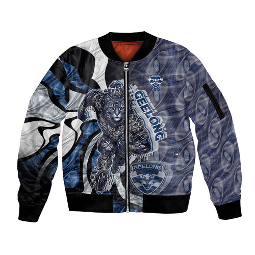 Personalised Geelong Cats Sleeve Zip Bomber Jacket Trippy Psychedelic Abstract Art Mascot Football Fans