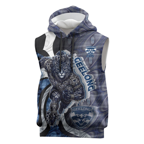 Personalised Geelong Cats Sleeveless Hoodie Trippy Psychedelic Abstract Art Mascot Football Fans