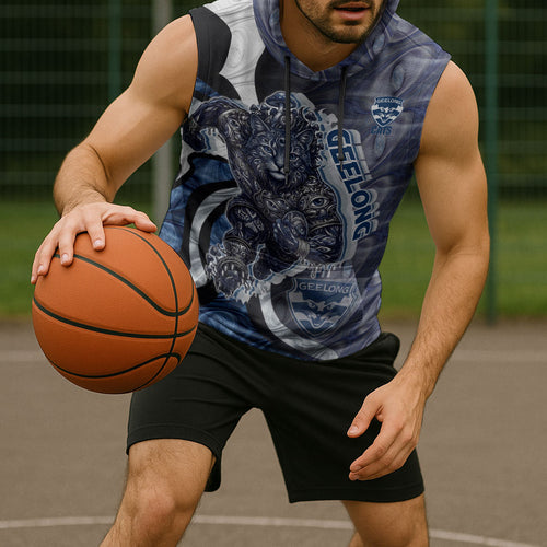 Personalised Geelong Cats Sleeveless Hoodie Trippy Psychedelic Abstract Art Mascot Football Fans