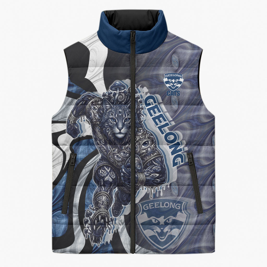 Personalised Geelong Cats Sleeveless Puffer Jacket Trippy Psychedelic Abstract Art Mascot Football Fans