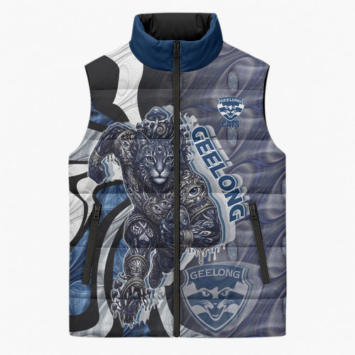 Personalised Geelong Cats Sleeveless Puffer Jacket Trippy Psychedelic Abstract Art Mascot Football Fans