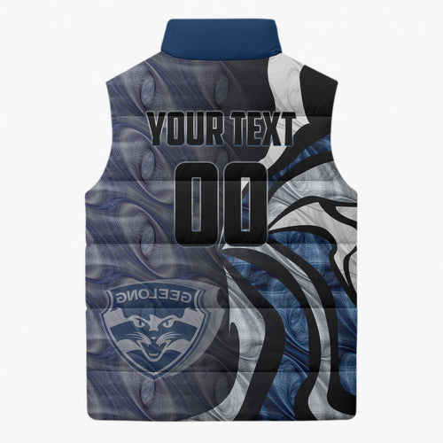 Personalised Geelong Cats Sleeveless Puffer Jacket Trippy Psychedelic Abstract Art Mascot Football Fans