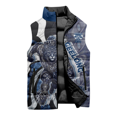 Personalised Geelong Cats Sleeveless Puffer Jacket Trippy Psychedelic Abstract Art Mascot Football Fans