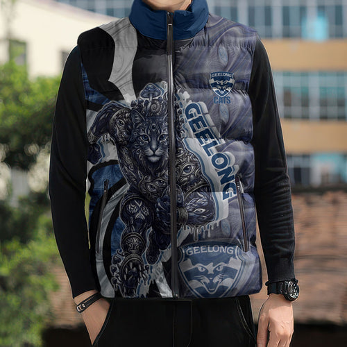 Personalised Geelong Cats Sleeveless Puffer Jacket Trippy Psychedelic Abstract Art Mascot Football Fans