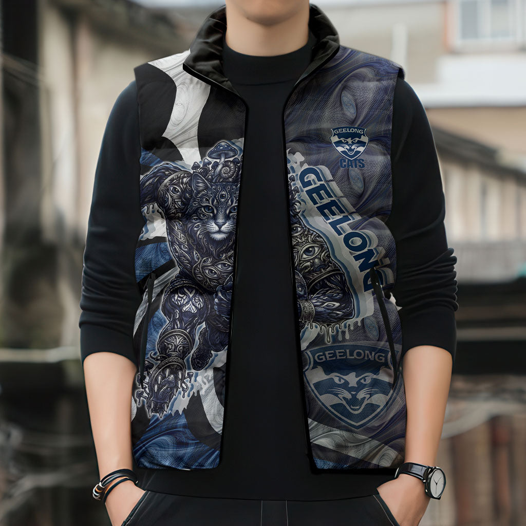 Personalised Geelong Cats Sleeveless Puffer Jacket Trippy Psychedelic Abstract Art Mascot Football Fans