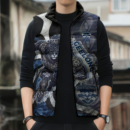 Personalised Geelong Cats Sleeveless Puffer Jacket Trippy Psychedelic Abstract Art Mascot Football Fans