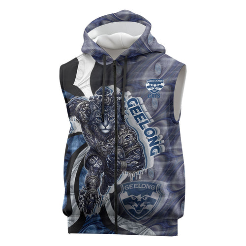 Personalised Geelong Cats Sleeveless Zip Hoodie Trippy Psychedelic Abstract Art Mascot Football Fans
