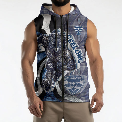 Personalised Geelong Cats Sleeveless Zip Hoodie Trippy Psychedelic Abstract Art Mascot Football Fans