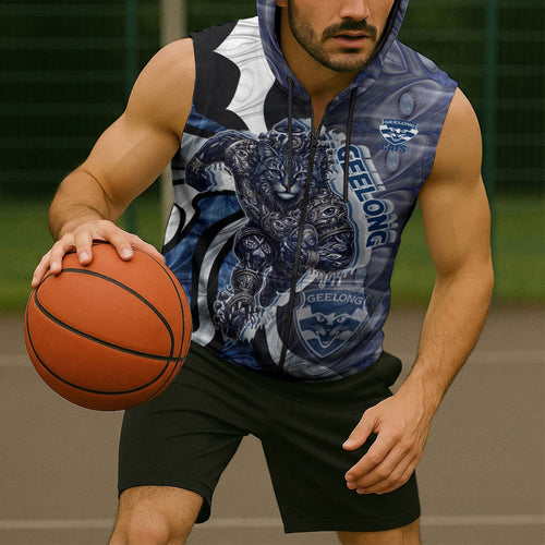 Personalised Geelong Cats Sleeveless Zip Hoodie Trippy Psychedelic Abstract Art Mascot Football Fans