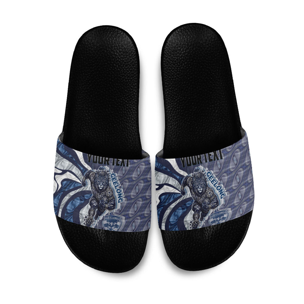 Personalised Geelong Cats Slide Sandals Trippy Psychedelic Abstract Art Mascot Football Fans