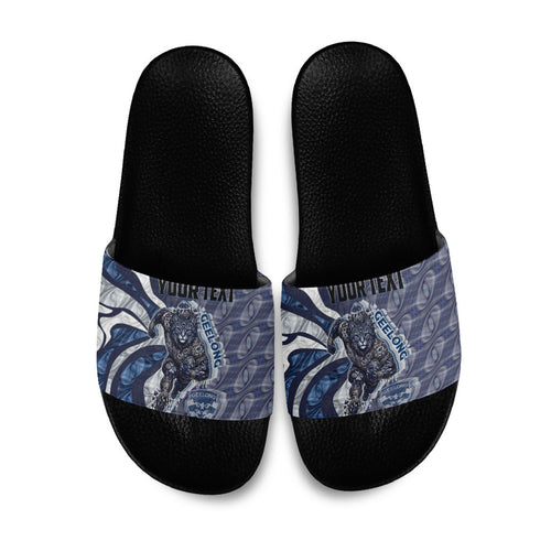 Personalised Geelong Cats Slide Sandals Trippy Psychedelic Abstract Art Mascot Football Fans