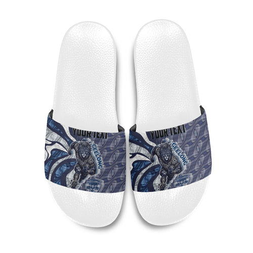 Personalised Geelong Cats Slide Sandals Trippy Psychedelic Abstract Art Mascot Football Fans