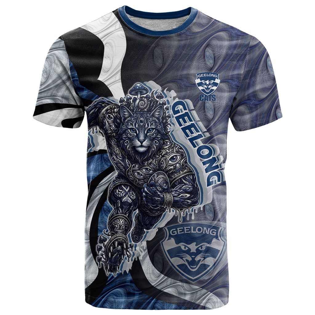 Personalised Geelong Cats T Shirt Trippy Psychedelic Abstract Art Mascot Football Fans