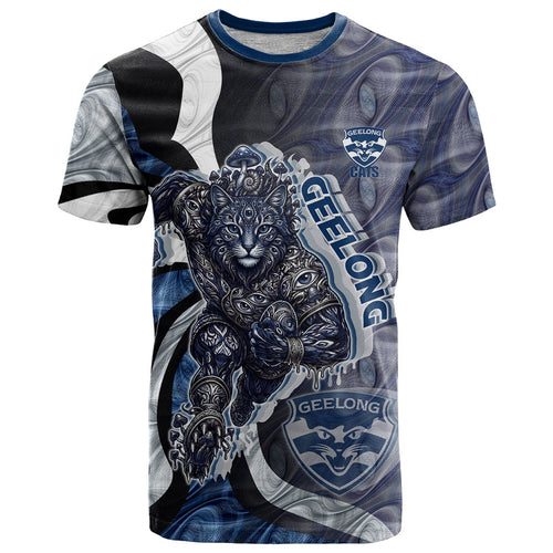 Personalised Geelong Cats T Shirt Trippy Psychedelic Abstract Art Mascot Football Fans
