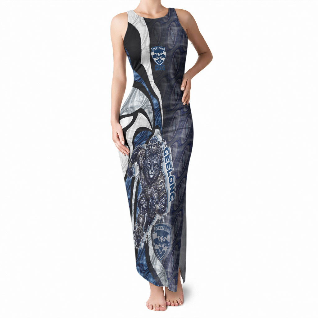 Personalised Geelong Cats Tank Maxi Dress Trippy Psychedelic Abstract Art Mascot Football Fans