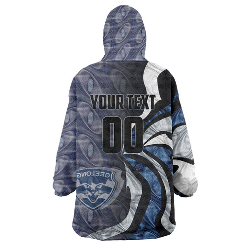 Personalised Geelong Cats Wearable Blanket Hoodie Trippy Psychedelic Abstract Art Mascot Football Fans