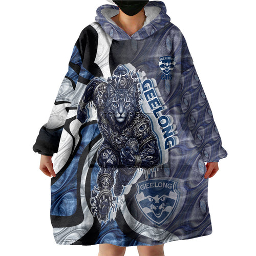 Personalised Geelong Cats Wearable Blanket Hoodie Trippy Psychedelic Abstract Art Mascot Football Fans