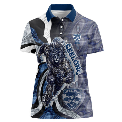 Personalised Geelong Cats Women Polo Shirt Trippy Psychedelic Abstract Art Mascot Football Fans