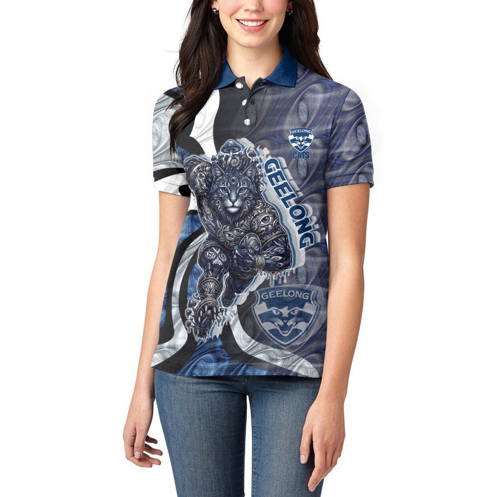 Personalised Geelong Cats Women Polo Shirt Trippy Psychedelic Abstract Art Mascot Football Fans