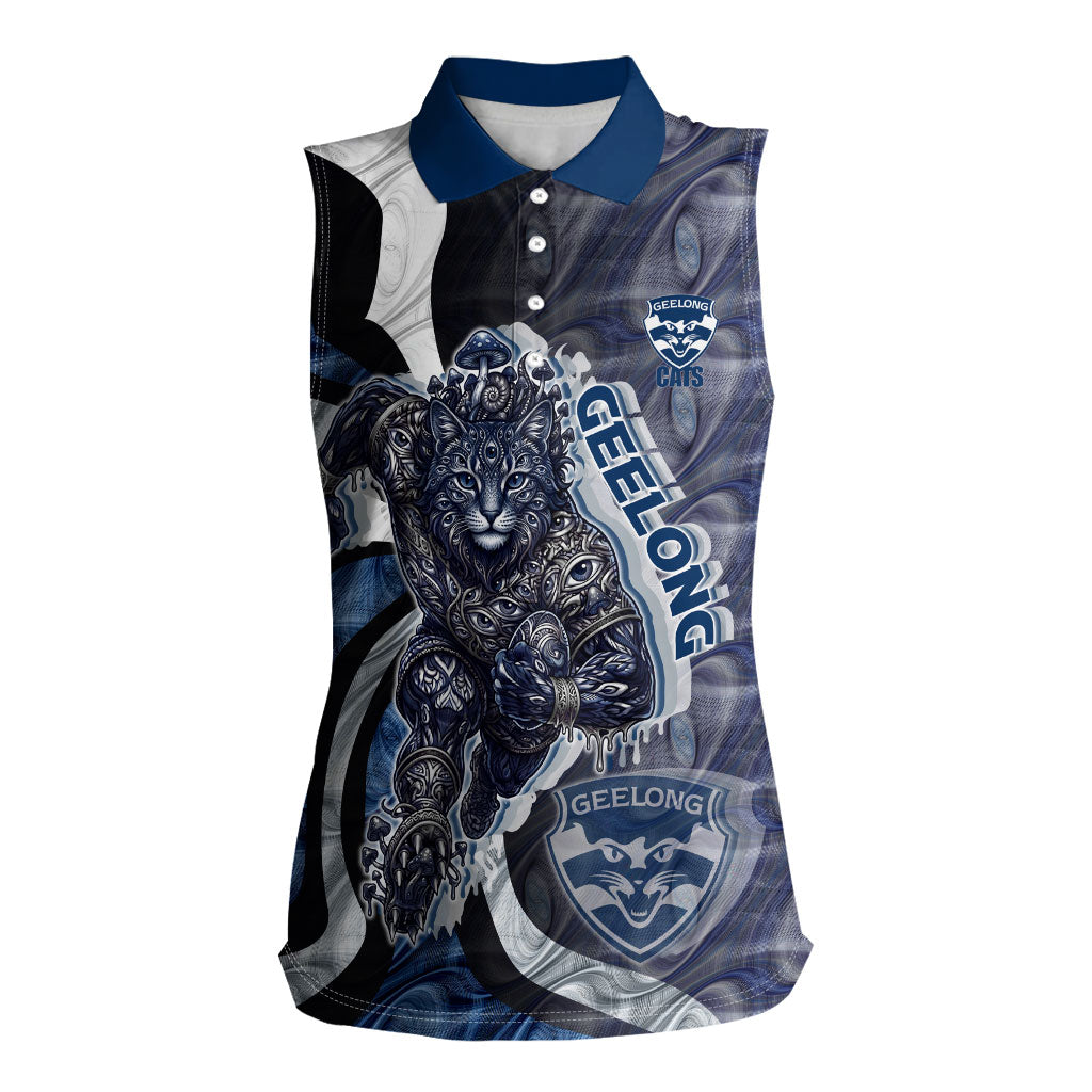 Personalised Geelong Cats Women Sleeveless Polo Shirt Trippy Psychedelic Abstract Art Mascot Football Fans