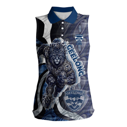 Personalised Geelong Cats Women Sleeveless Polo Shirt Trippy Psychedelic Abstract Art Mascot Football Fans