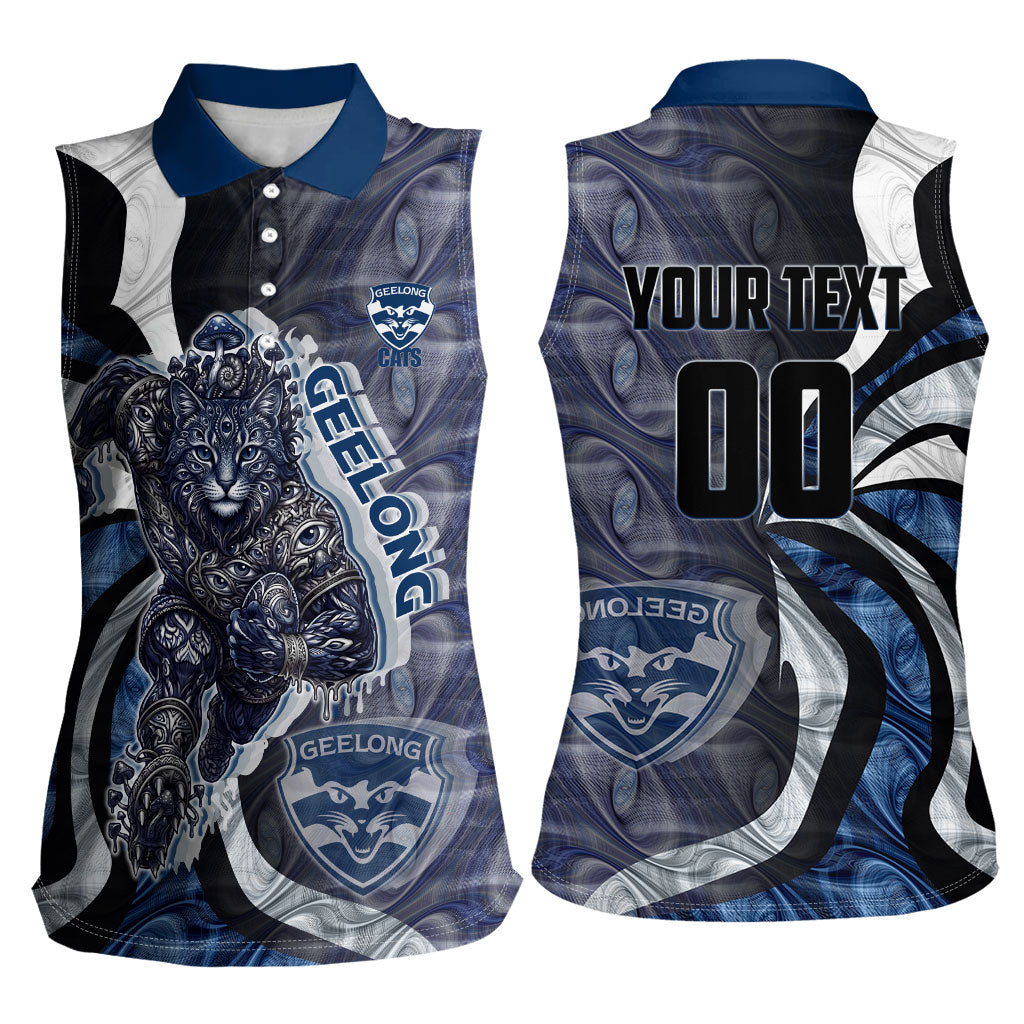 Personalised Geelong Cats Women Sleeveless Polo Shirt Trippy Psychedelic Abstract Art Mascot Football Fans