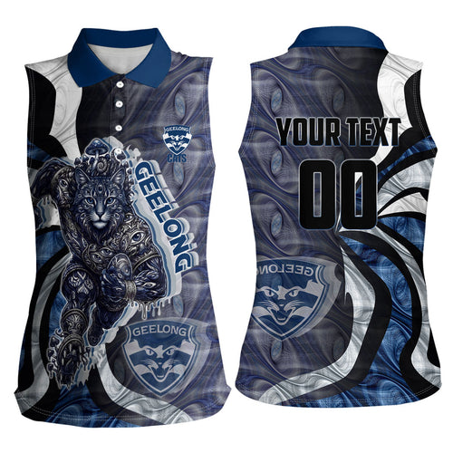 Personalised Geelong Cats Women Sleeveless Polo Shirt Trippy Psychedelic Abstract Art Mascot Football Fans