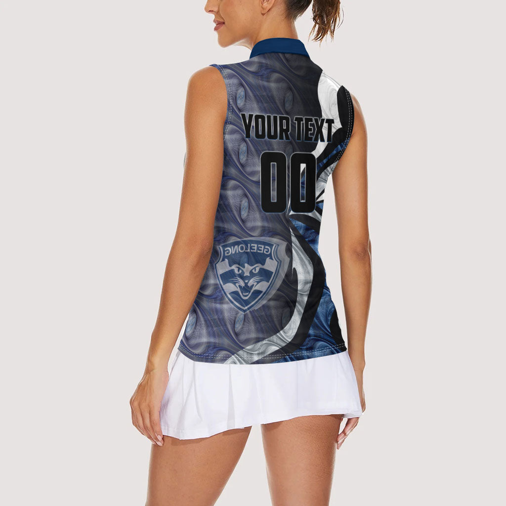 Personalised Geelong Cats Women Sleeveless Polo Shirt Trippy Psychedelic Abstract Art Mascot Football Fans