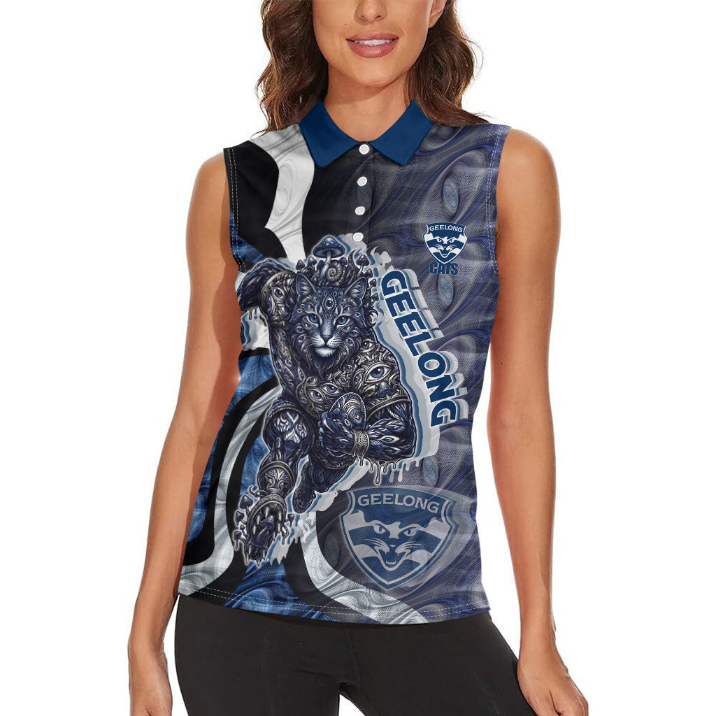 Personalised Geelong Cats Women Sleeveless Polo Shirt Trippy Psychedelic Abstract Art Mascot Football Fans