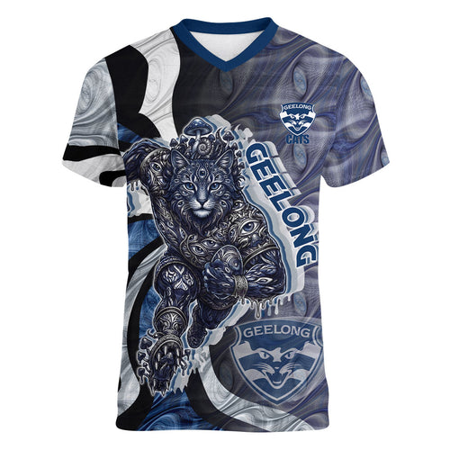 Personalised Geelong Cats Women V-Neck T-Shirt Trippy Psychedelic Abstract Art Mascot Football Fans