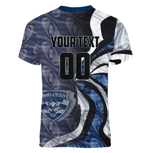Personalised Geelong Cats Women V-Neck T-Shirt Trippy Psychedelic Abstract Art Mascot Football Fans