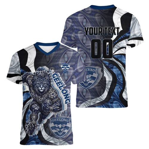 Personalised Geelong Cats Women V-Neck T-Shirt Trippy Psychedelic Abstract Art Mascot Football Fans