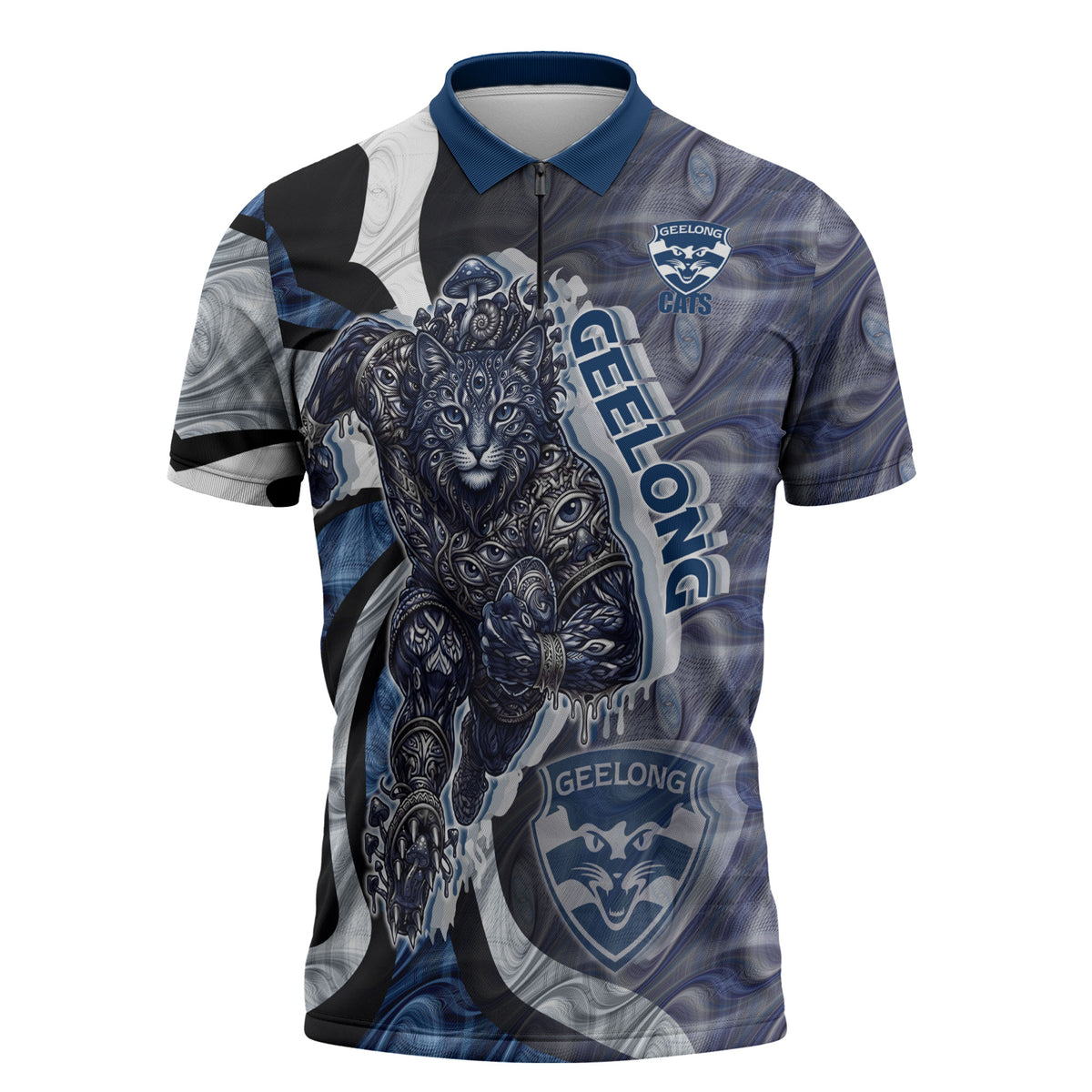 Personalised Geelong Cats Zipper Polo Shirt Trippy Psychedelic Abstract Art Mascot Football Fans