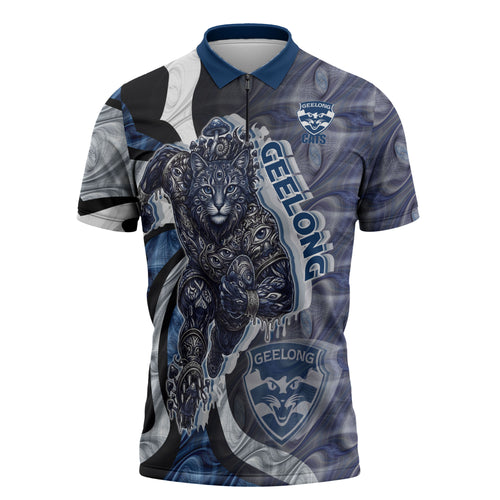 Personalised Geelong Cats Zipper Polo Shirt Trippy Psychedelic Abstract Art Mascot Football Fans