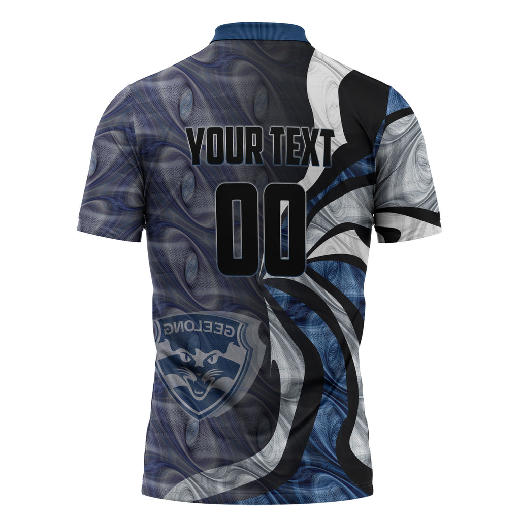 Personalised Geelong Cats Zipper Polo Shirt Trippy Psychedelic Abstract Art Mascot Football Fans
