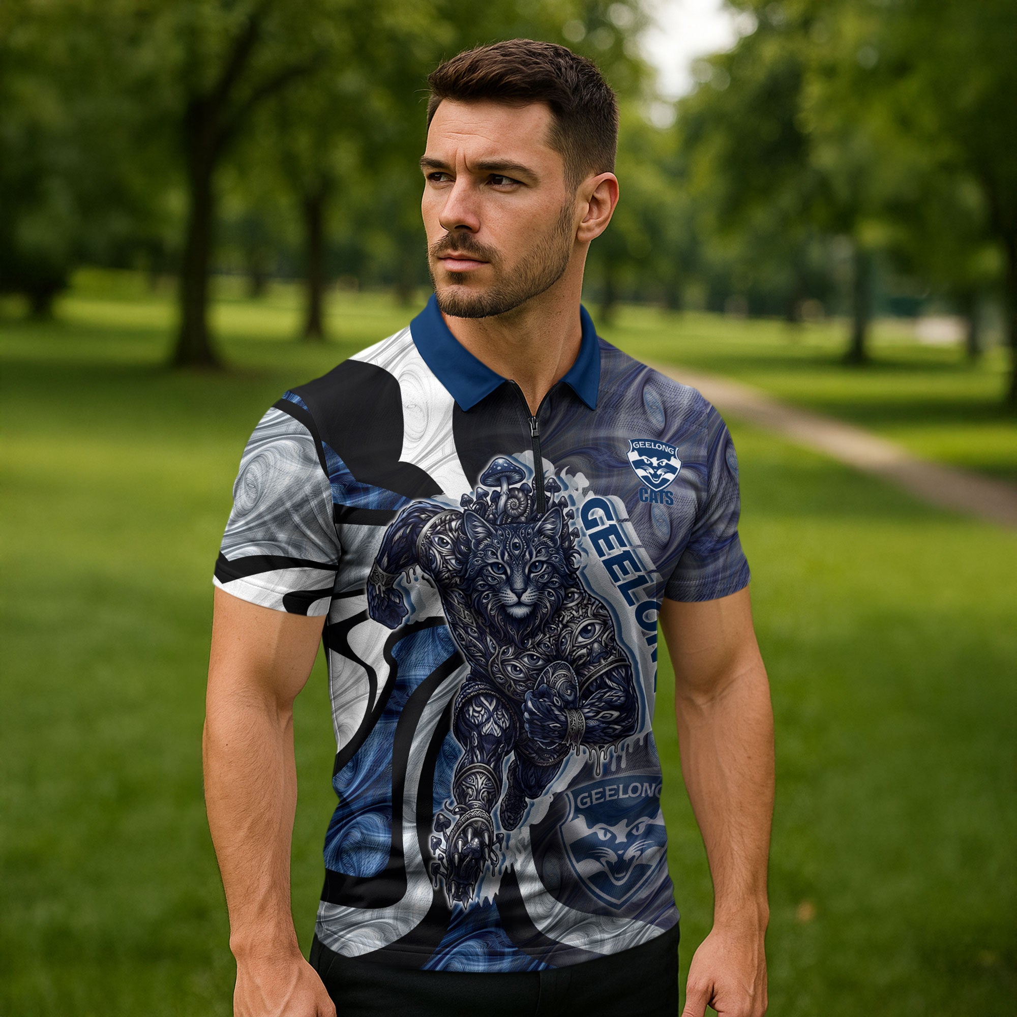 Personalised Geelong Cats Zipper Polo Shirt Trippy Psychedelic Abstract Art Mascot Football Fans
