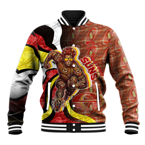 Personalised Gold Coast Suns Baseball Jacket Trippy Psychedelic Abstract Art Mascot Football Fans