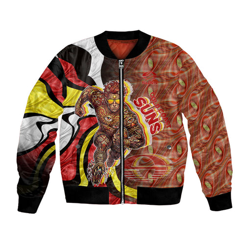 Personalised Gold Coast Suns Bomber Jacket Trippy Psychedelic Abstract Art Mascot Football Fans