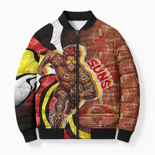 Personalised Gold Coast Suns Bomber Puffer Jacket Trippy Psychedelic Abstract Art Mascot Football Fans
