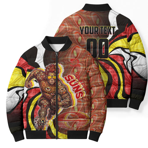 Personalised Gold Coast Suns Bomber Puffer Jacket Trippy Psychedelic Abstract Art Mascot Football Fans