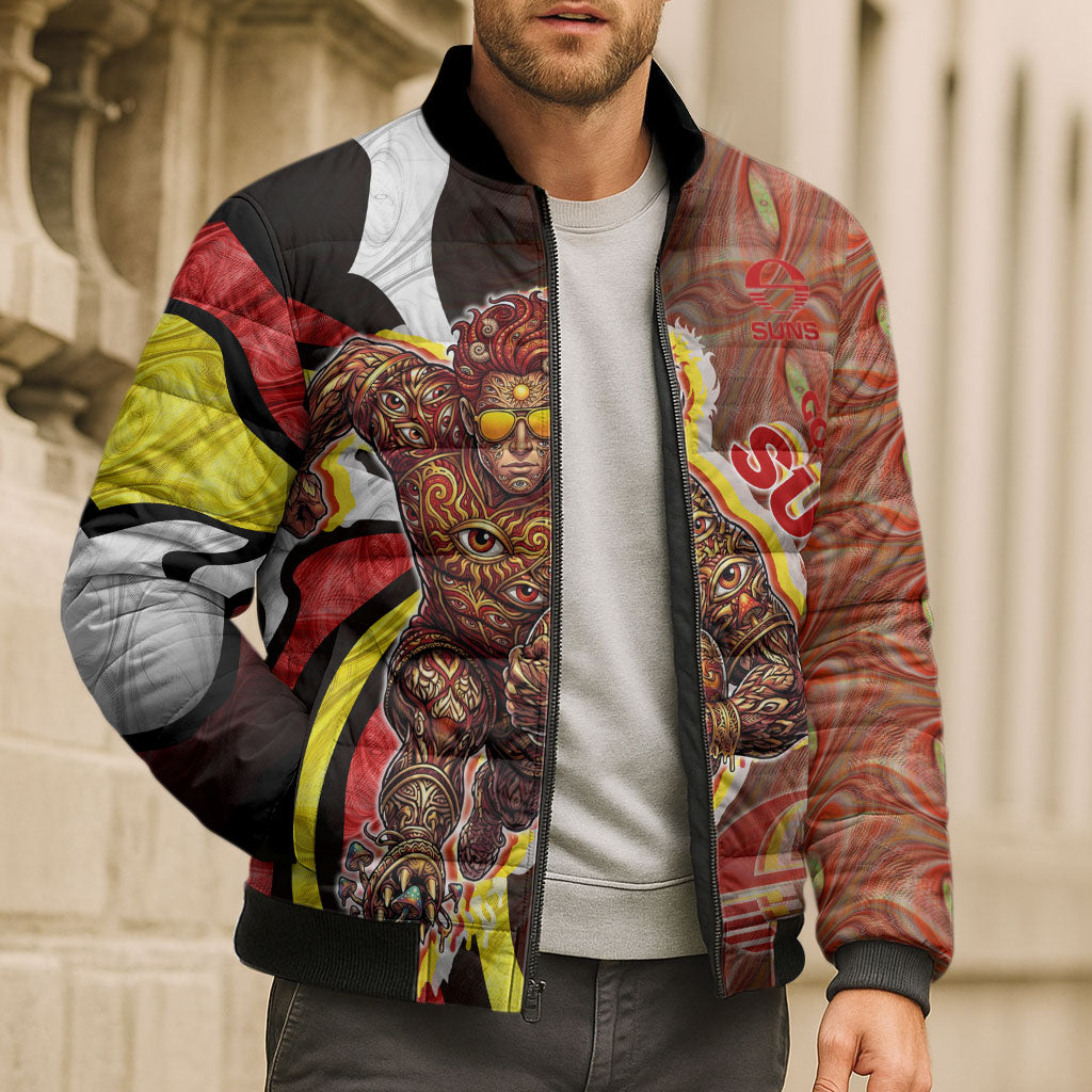 Personalised Gold Coast Suns Bomber Puffer Jacket Trippy Psychedelic Abstract Art Mascot Football Fans