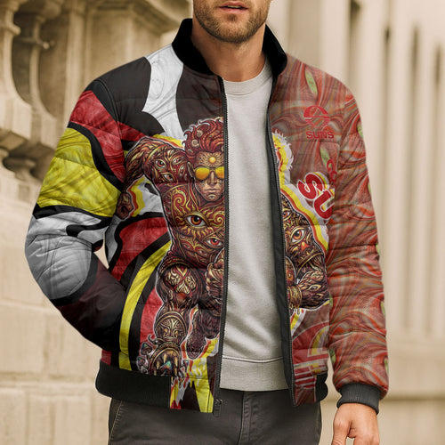 Personalised Gold Coast Suns Bomber Puffer Jacket Trippy Psychedelic Abstract Art Mascot Football Fans