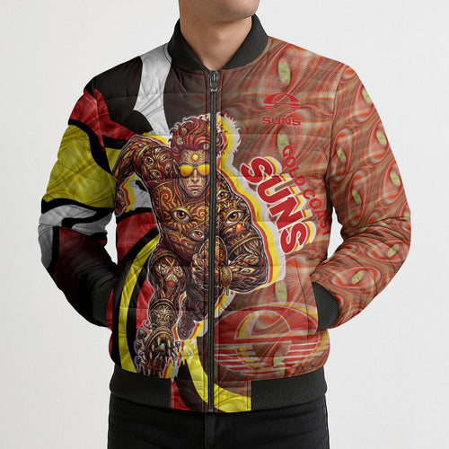 Personalised Gold Coast Suns Bomber Puffer Jacket Trippy Psychedelic Abstract Art Mascot Football Fans
