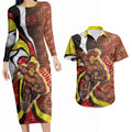 Personalised Gold Coast Suns Couples Matching Long Sleeve Bodycon Dress and Hawaiian Shirt Trippy Psychedelic Abstract Art Mascot Football Fans
