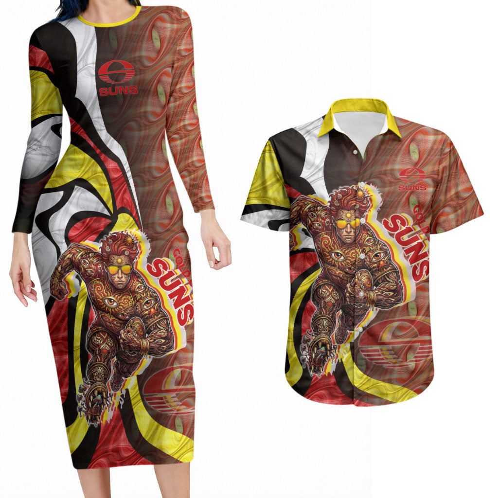 Personalised Gold Coast Suns Couples Matching Long Sleeve Bodycon Dress and Hawaiian Shirt Trippy Psychedelic Abstract Art Mascot Football Fans