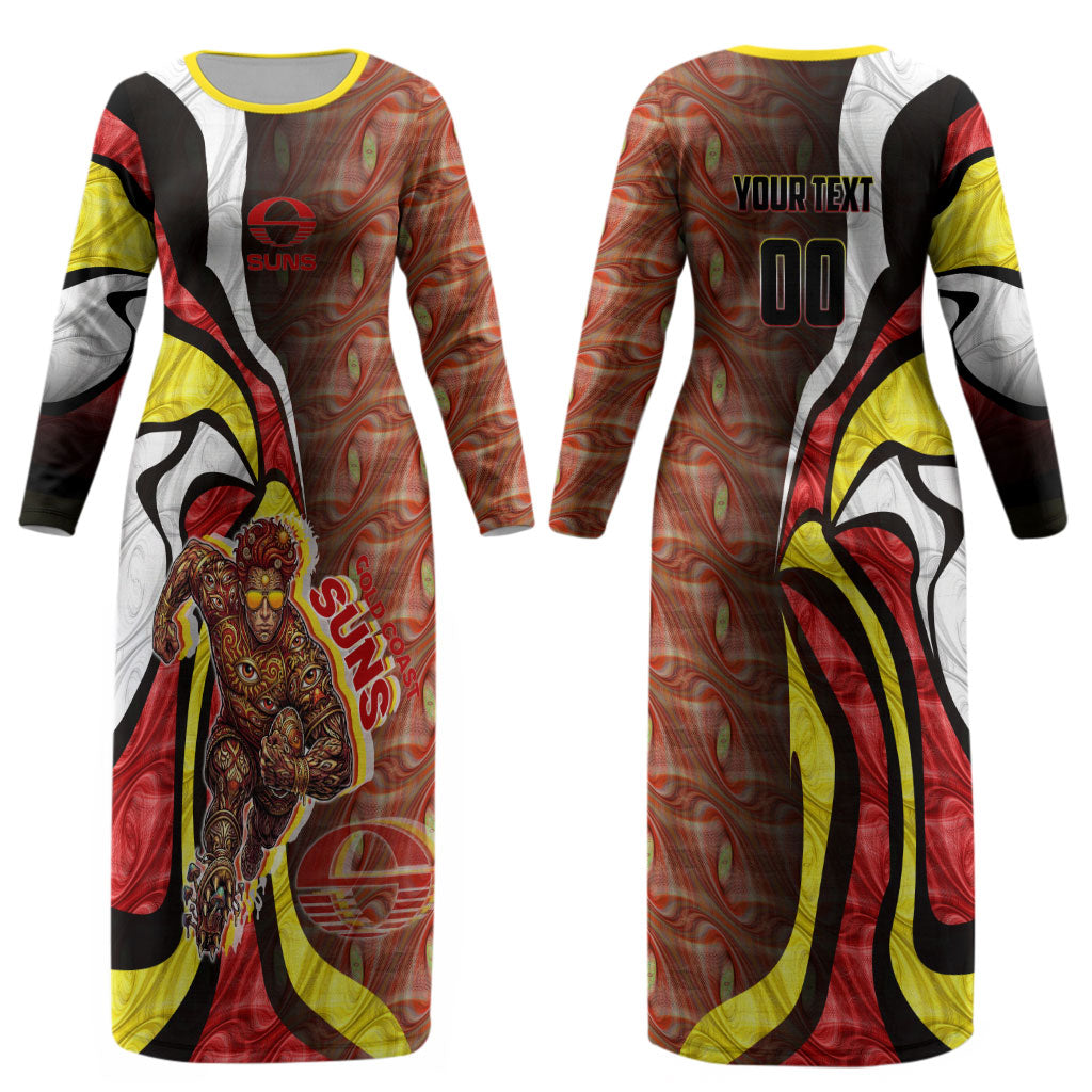 Personalised Gold Coast Suns Couples Matching Long Sleeve Bodycon Dress and Hawaiian Shirt Trippy Psychedelic Abstract Art Mascot Football Fans