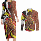 Personalised Gold Coast Suns Couples Matching Long Sleeve Bodycon Dress and Long Sleeve Button Shirt Trippy Psychedelic Abstract Art Mascot Football Fans