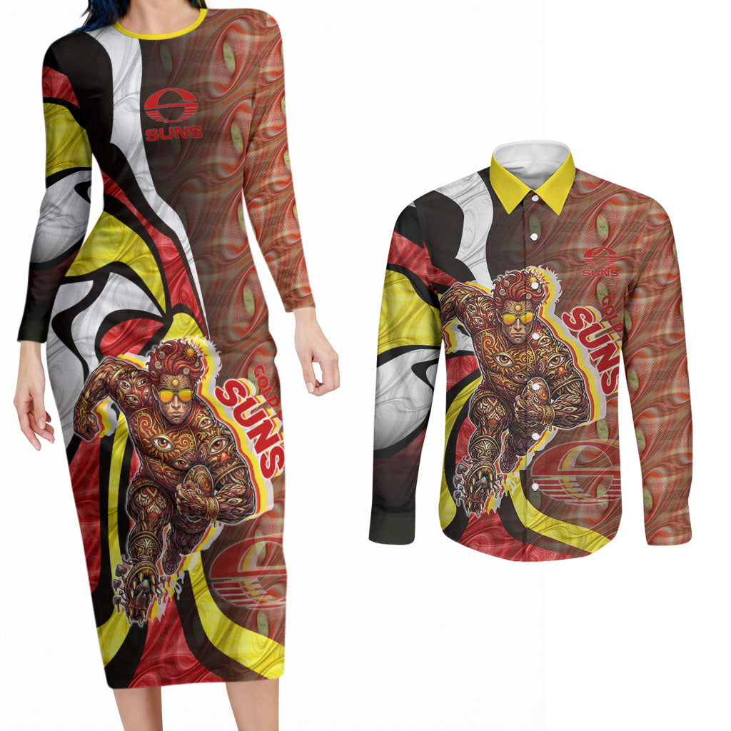 Personalised Gold Coast Suns Couples Matching Long Sleeve Bodycon Dress and Long Sleeve Button Shirt Trippy Psychedelic Abstract Art Mascot Football Fans
