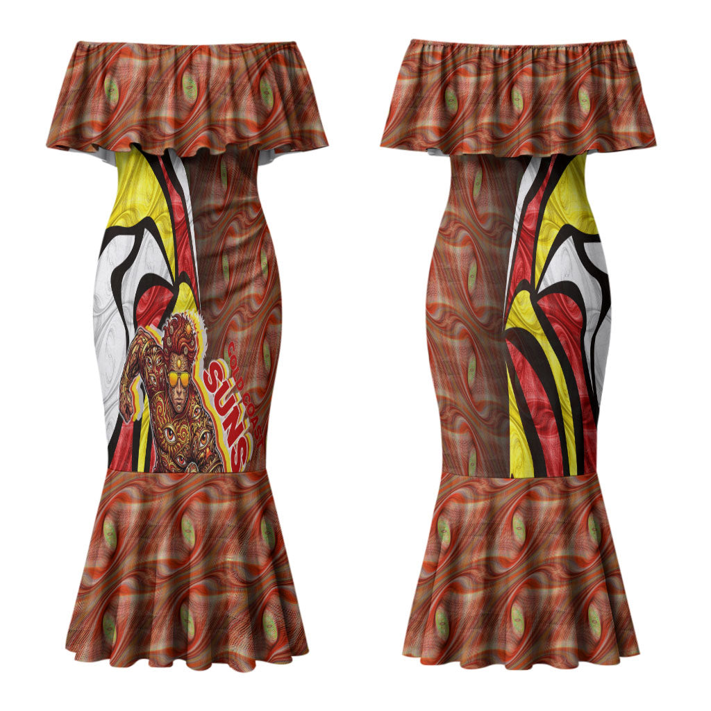 Personalised Gold Coast Suns Couples Matching Mermaid Dress and Hawaiian Shirt Trippy Psychedelic Abstract Art Mascot Football Fans