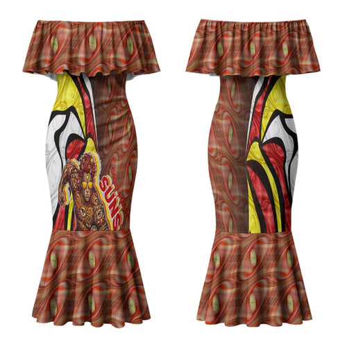 Personalised Gold Coast Suns Couples Matching Mermaid Dress and Long Sleeve Button Shirt Trippy Psychedelic Abstract Art Mascot Football Fans